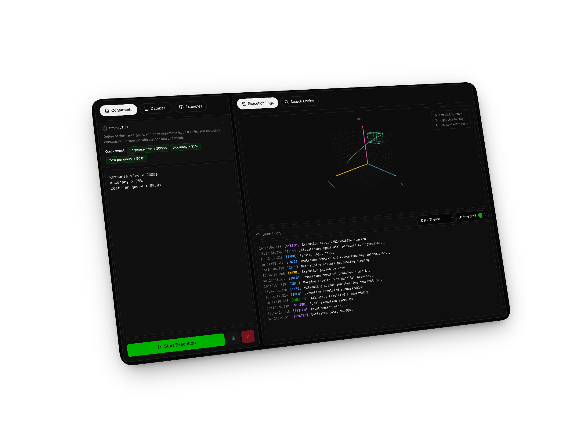 Product screenshot showing developer interface with constraints panel, execution logs, and 3D visualization